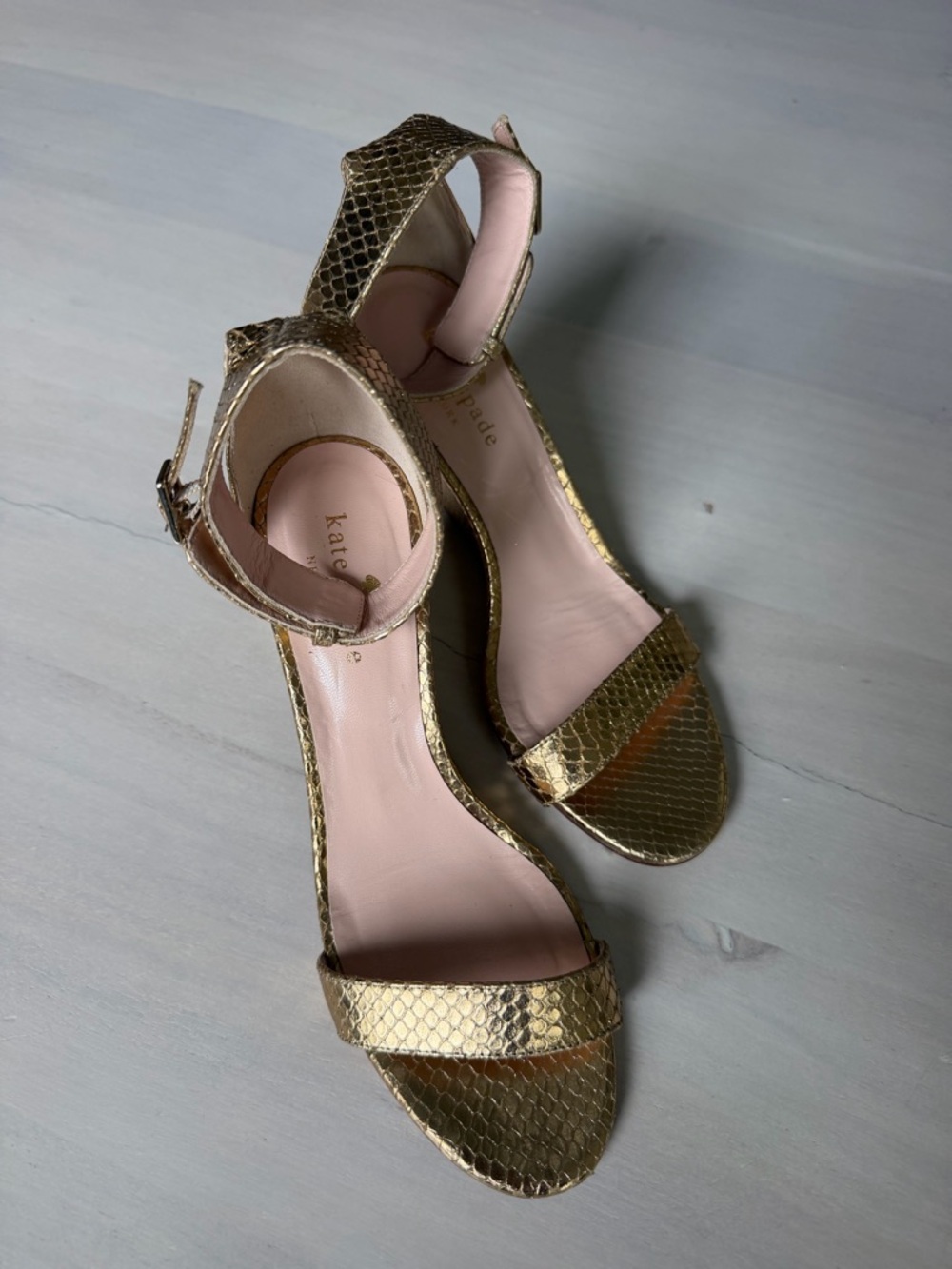 KATE SPADE Metallic Gold Snake-Embossed Ankle Strap Wedge